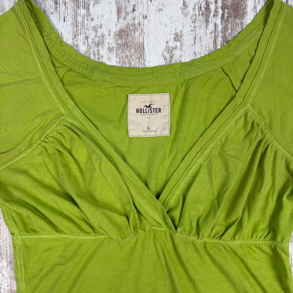 TRUE VTG Y2K Hollister Green Babydoll Top Sz L Cap Sleeve Empire Waist Bell Swan - Picture 3 of 11